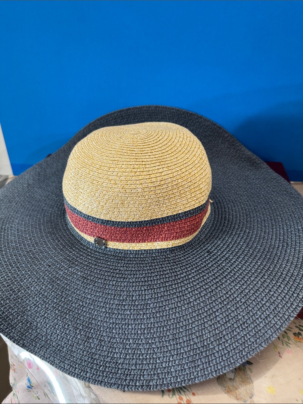 Laura Biagiotti Wide Brim Straw Sun Hat with Red and Blue Band - Picture 2 of 6